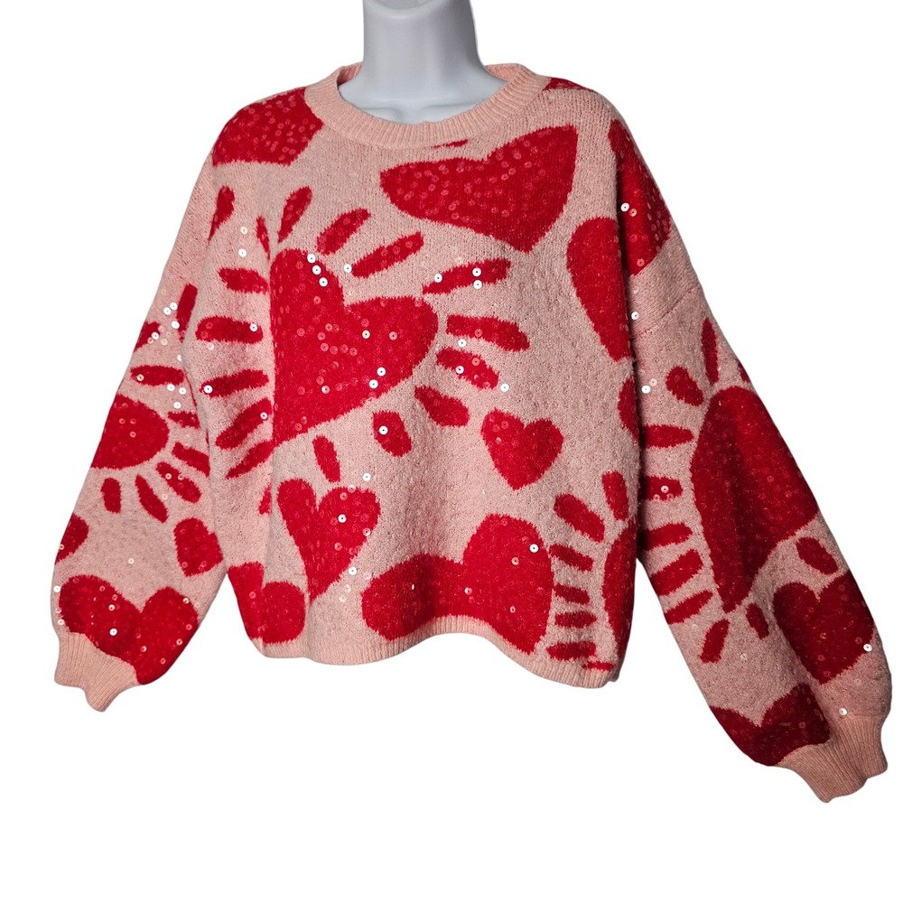 Luna Ivy Womens Sequin Heart Cropped Knit Sweater L Pink Red Valentine Coquette
